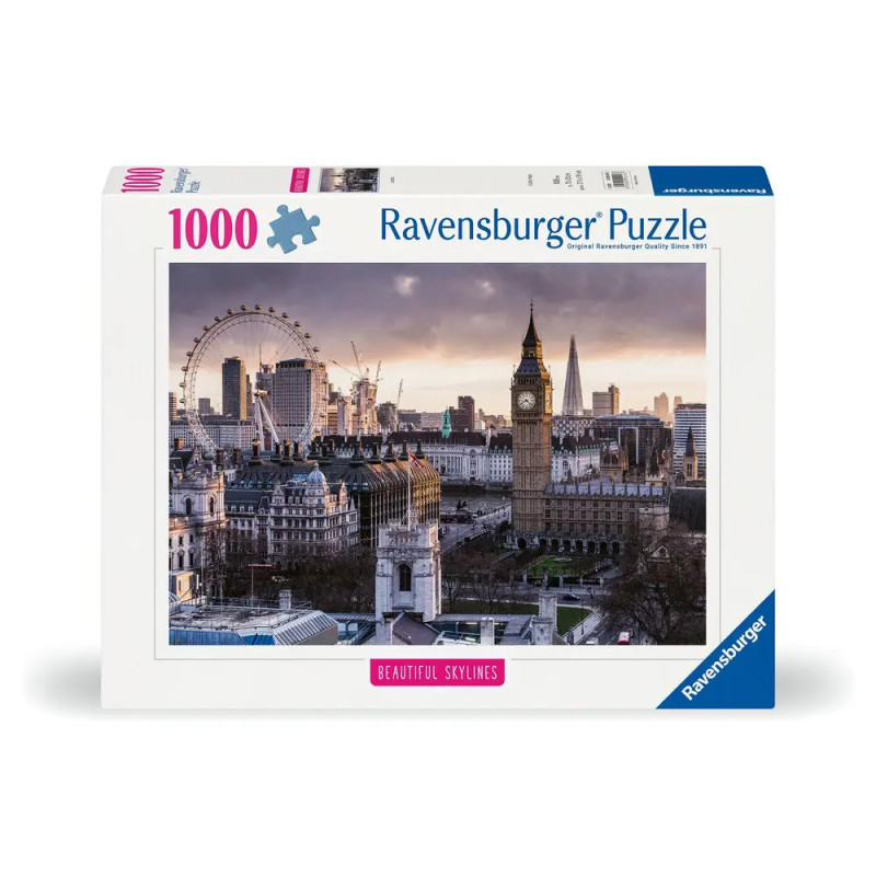 Ravensburger Puzzle mit 1000 Teilen: Londons Skyline mit Big Ben und London Eye bei Sonnenuntergang.