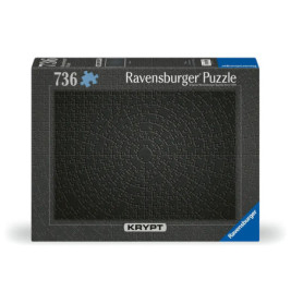 Ravensburger Puzzlebox mit 736 Teilen, zeigt ein komplexes, komplett schwarzes Puzzle mit Kreismustern.