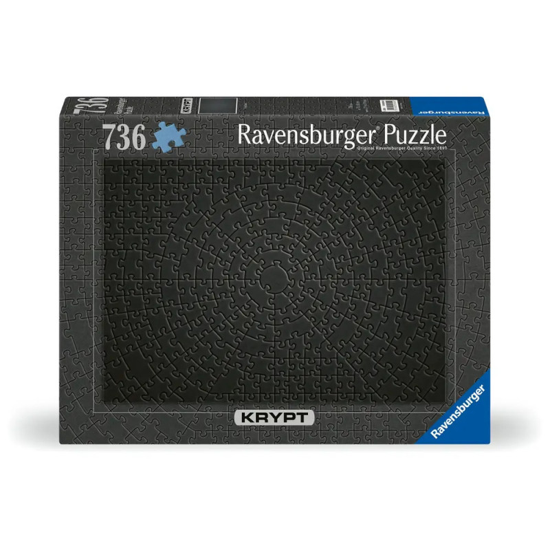 Ravensburger Puzzlebox mit 736 Teilen, zeigt ein komplexes, komplett schwarzes Puzzle mit Kreismustern.