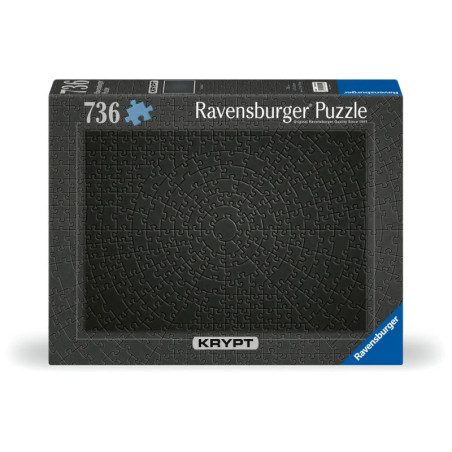 Ravensburger Puzzlebox mit 736 Teilen, zeigt ein komplexes, komplett schwarzes Puzzle mit Kreismustern.