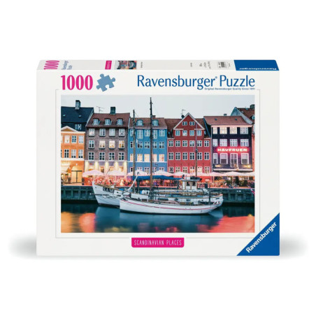 Ravensburger Puzzle mit 1000 Teilen zeigt einen bunten Hafen, Boote und skandinavische Gebäude.