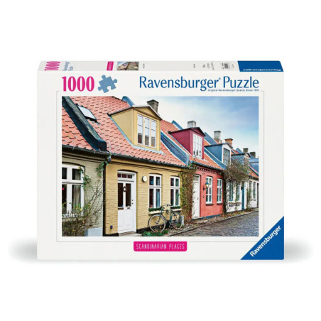 1000-teiliges Ravensburger Puzzle mit bunten skandinavischen Häusern und einem Fahrrad an der Tür.