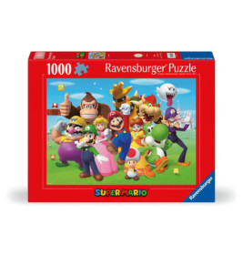 Super Mario Puzzle von Ravensburger mit 1.000 Teilen, rotem Rand und Motiven bekannter Mario-Charaktere.