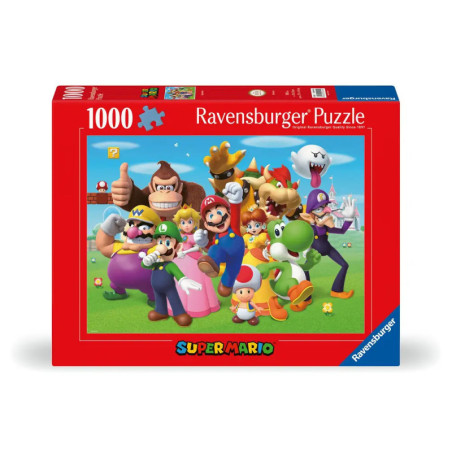 Super Mario Puzzle von Ravensburger mit 1.000 Teilen, rotem Rand und Motiven bekannter Mario-Charaktere.