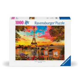 1000-teiliges Ravensburger Puzzle mit dem Eiffelturm bei Sonnenuntergang und Staffeleien am Fluss.