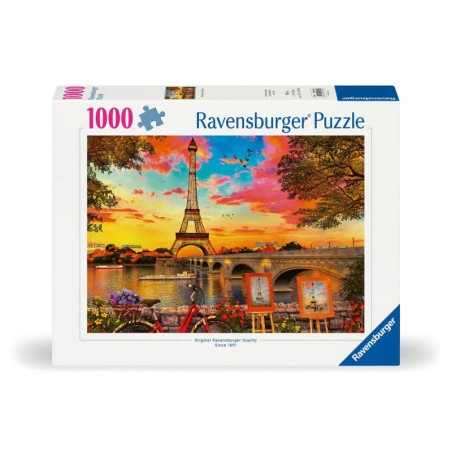 1000-teiliges Ravensburger Puzzle mit dem Eiffelturm bei Sonnenuntergang und Staffeleien am Fluss.