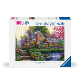 1000-teiliges Ravensburger Puzzle mit einem Häuschen, umgeben von bunten Bäumen und Blumen.