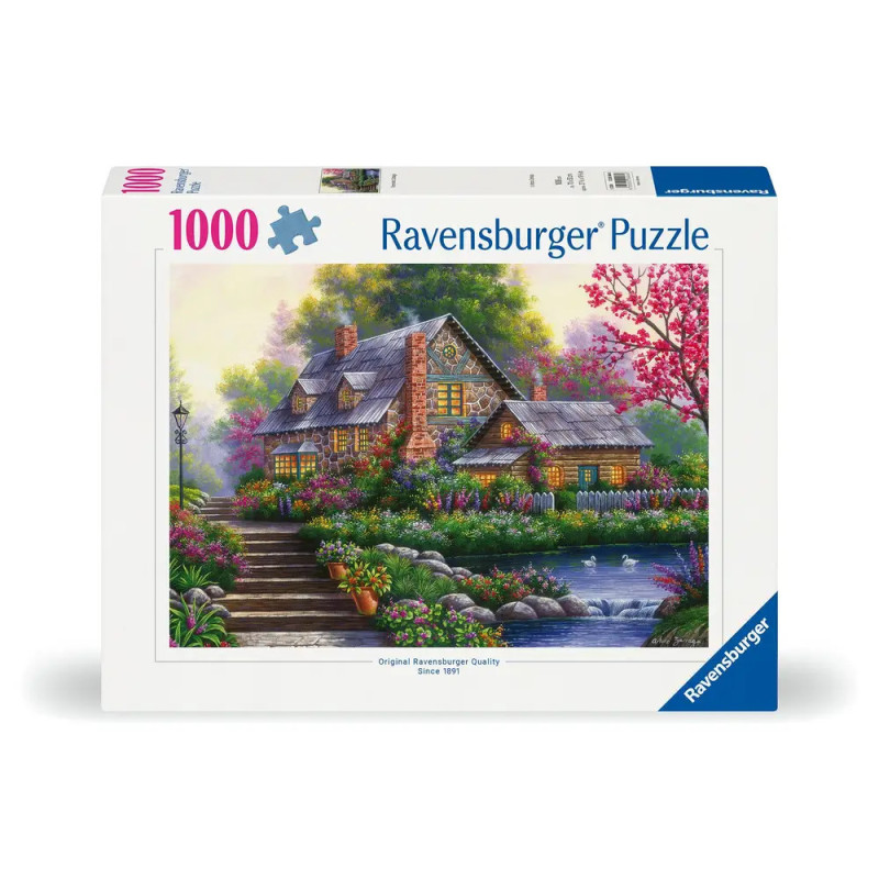 1000-teiliges Ravensburger Puzzle mit einem Häuschen, umgeben von bunten Bäumen und Blumen.