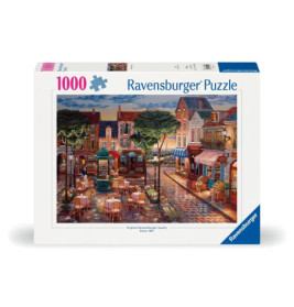 Ravensburger Puzzle mit 1000 Teilen zeigt ein gemütliches Straßencafé in einer malerischen europäischen Stadt.