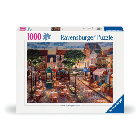 Ravensburger Puzzle mit 1000 Teilen zeigt ein gemütliches Straßencafé in einer malerischen europäischen Stadt.