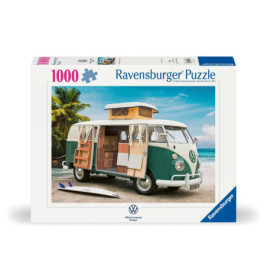 Ravensburger Puzzle, 1000 Teile: grüner VW-Camper mit Surfbrett am Strand.