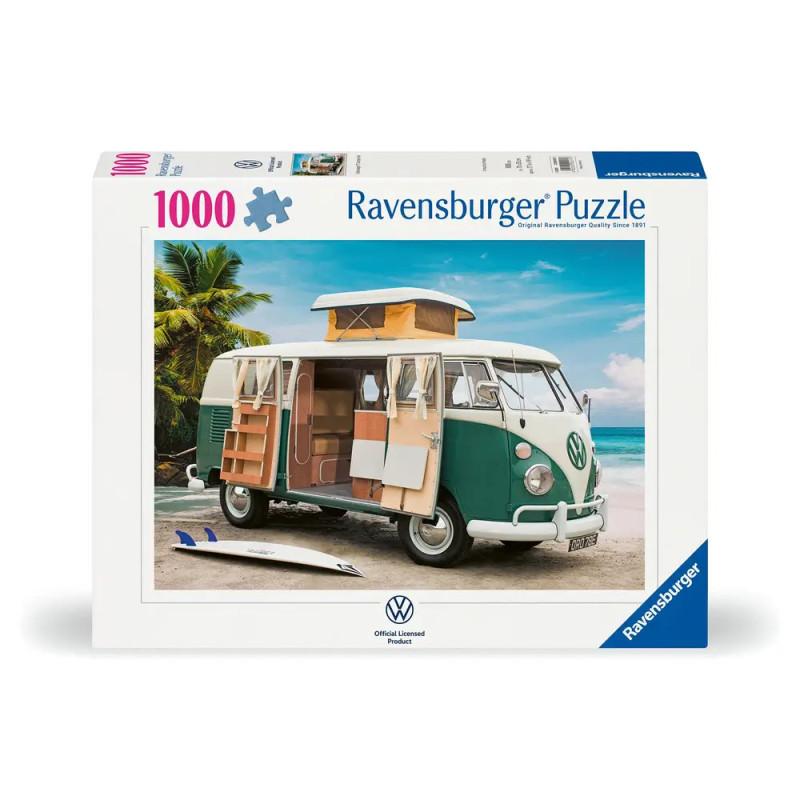 Ravensburger Puzzle, 1000 Teile: grüner VW-Camper mit Surfbrett am Strand.