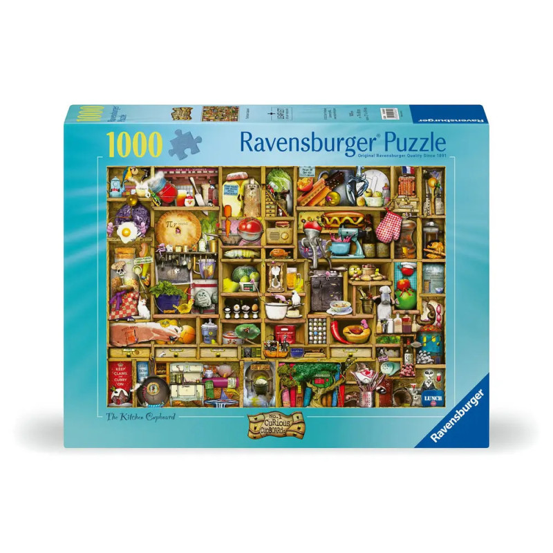Ravensburger Puzzlebox mit 1000 Teilen und bunter Illustration eines vollen Küchenschranks auf der Vorderseite.