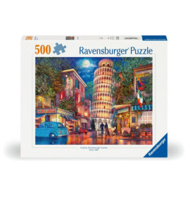 Ravensburger Puzzle mit 500 Teilen zeigt eine bunte Stadtszene und den Schiefen Turm von Pisa bei Nacht.