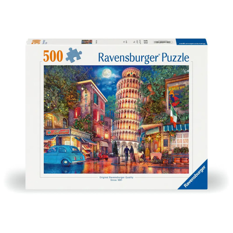 Ravensburger Puzzle mit 500 Teilen zeigt eine bunte Stadtszene und den Schiefen Turm von Pisa bei Nacht.