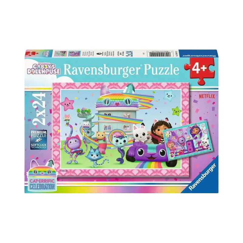 Ravensburger Puzzle Gabbys Puppenhaus: Bunte Cartoon-Katzen und Haus auf der Box, ab 4 Jahren geeignet.