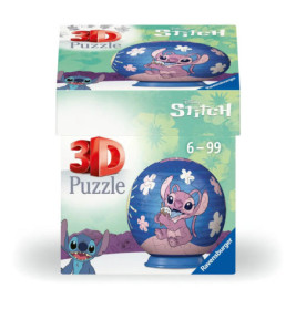 Box eines Disney Stitch 3D-Puzzles (für 6-99 Jahre), mit Stitch auf einem fertiggestellten Kugelpuzzle.
