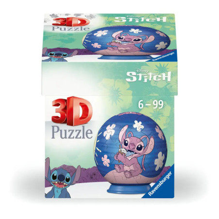 Box eines Disney Stitch 3D-Puzzles (für 6-99 Jahre), mit Stitch auf einem fertiggestellten Kugelpuzzle.