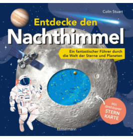 Buchcover mit Astronaut, Mond, Planeten, Sternen und deutschem Text zur Erforschung des Nachthimmels.