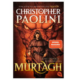 Buchcover von Murtagh von Christopher Paolini mit vermummter Figur und rotem Drachen im Hintergrund.