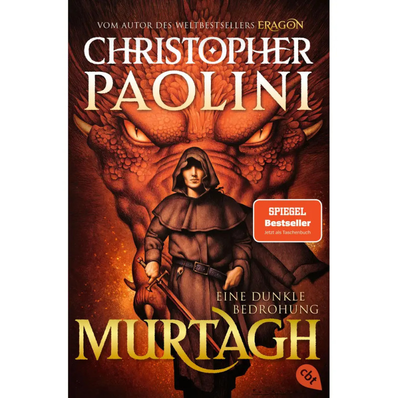 Buchcover von Murtagh von Christopher Paolini mit vermummter Figur und rotem Drachen im Hintergrund.
