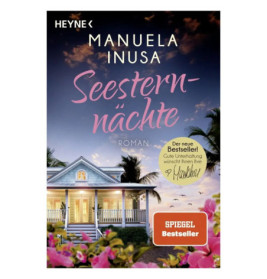 Buchcover von Seesternnächte: Ein Küstenhaus, Palmen und rosafarbener Sonnenuntergangshimmel sind abgebildet.