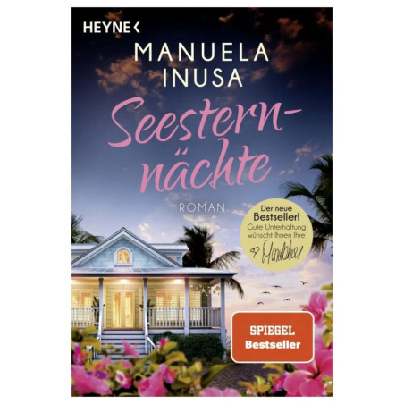 Buchcover von Seesternnächte: Ein Küstenhaus, Palmen und rosafarbener Sonnenuntergangshimmel sind abgebildet.
