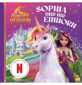 Animiertes Mädchen mit langem Haar und Einhorn vor einem Zauberschloss, darüber das Unicorn Academy-Logo.