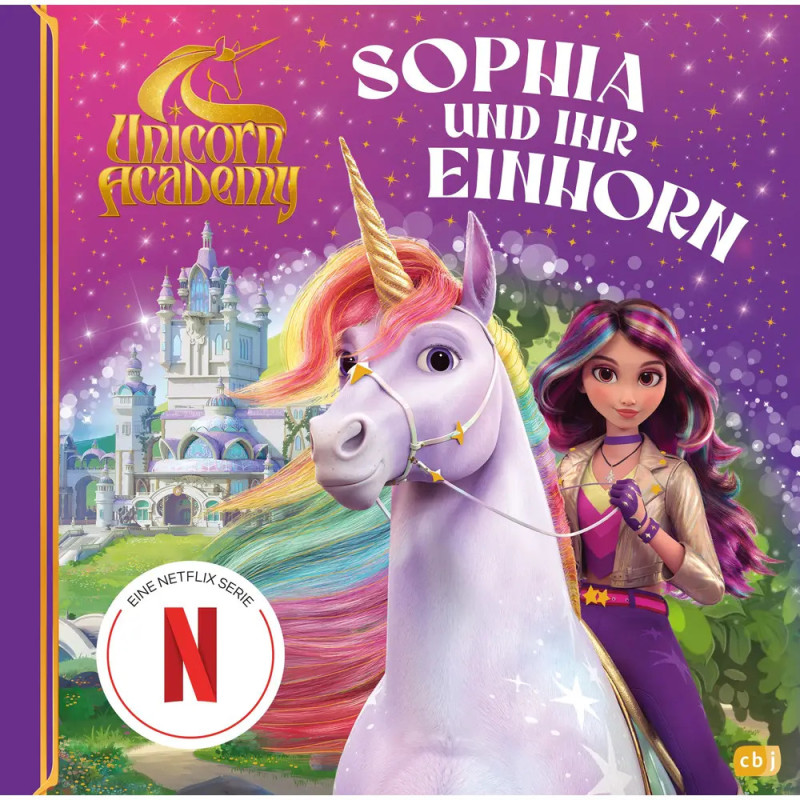 Animiertes Mädchen mit langem Haar und Einhorn vor einem Zauberschloss, darüber das Unicorn Academy-Logo.