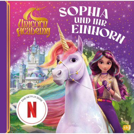 Animiertes Mädchen mit langem Haar und Einhorn vor einem Zauberschloss, darüber das Unicorn Academy-Logo.