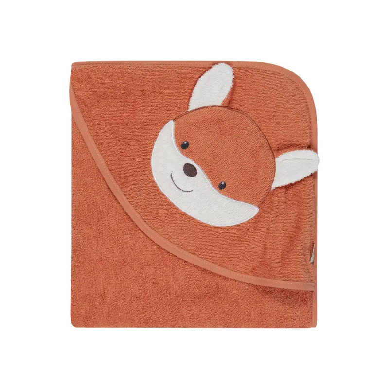 Orangefarbenes Babyhandtuch mit Kapuze, Fuchs-Gesicht und Ohren bestickt, ordentlich gefaltet.