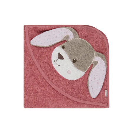 Rosa Kapuzenhandtuch mit aufgesticktem Hasengesicht und langen Ohren auf der Kapuze, vor weißem Hintergrund.