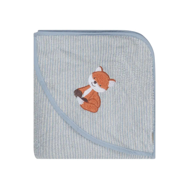 Hellblaues Babyhandtuch mit Kapuze und Fuchs-Stickerei, abgebildet vor weißem Hintergrund.