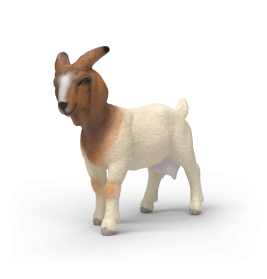 Eine braun-weiße Ziegenfigur steht auf weißem Hintergrund.