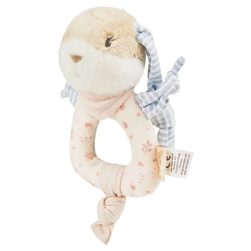 Weiche Vogel-Babyrassel mit Blumenmuster am Griff und blauen, karierten Stoffflügeln.