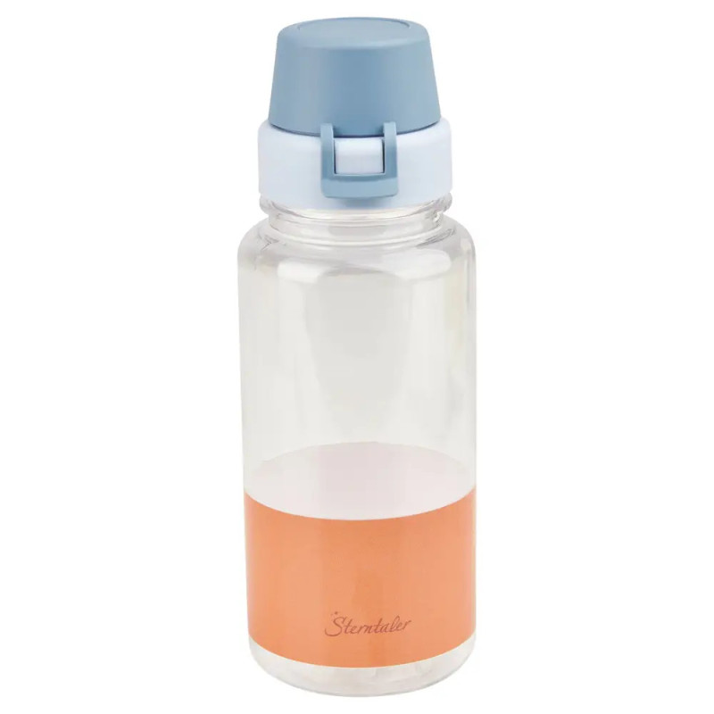 Durchsichtige Plastikflasche mit blauem Klappdeckel und orangefarbenem Etikett am unteren Rand.