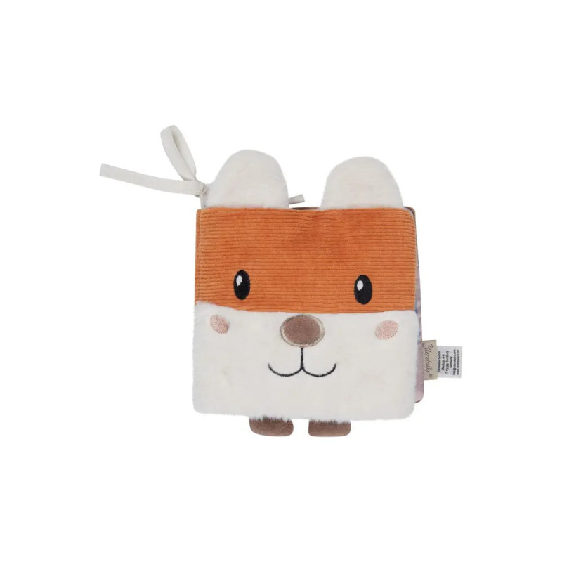 Weiches Babybuch mit niedlichem Fuchsgesicht, orange-weißen Farben und kleinen Ohren.