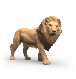 Die realistische Löwenfigur steht auf vier Beinen vor weißem Hintergrund.