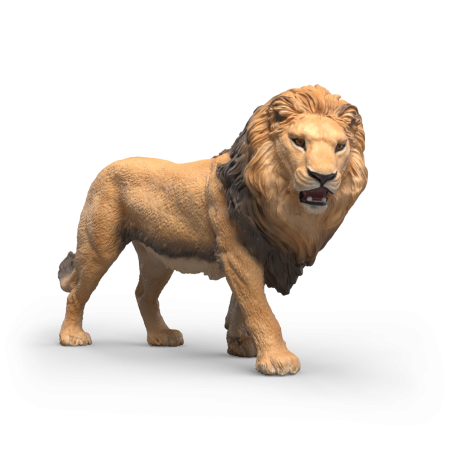 Die realistische Löwenfigur steht auf vier Beinen vor weißem Hintergrund.