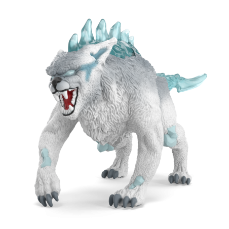 Weißes, wolfsähnliches Wesen mit eisblauen Stacheln und Flecken, das drohend die Zähne fletscht.