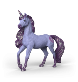 Ein lila Einhorn mit funkelnder Mähne, Schweif und Hufen steht vor weißem Hintergrund.