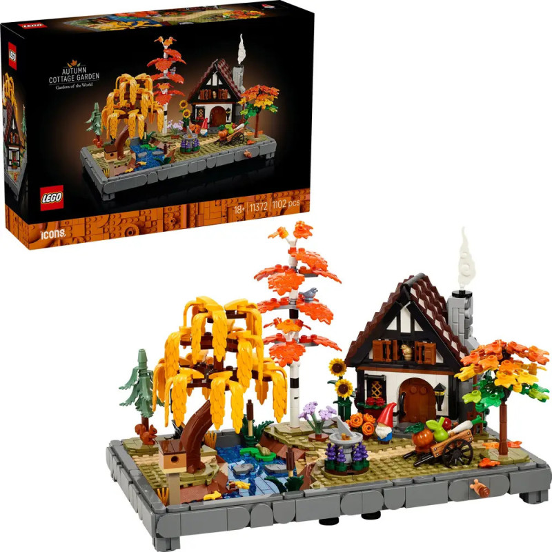 LEGO Icons Autumn Cottage Garden Set mit gemütlichem Haus, orangen Bäumen und Gartenszene als Modell.