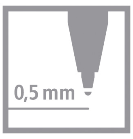 Graues Symbol einer Stiftspitze, die eine Linie mit der Beschriftung 0,5 mm für die Strichstärke zieht.