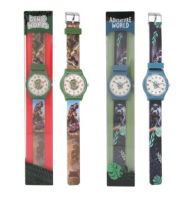 Vier Kinderarmbanduhren mit Dinosaurier-Motiven in Themenverpackung, beschriftet mit Dino World und Adventure World.