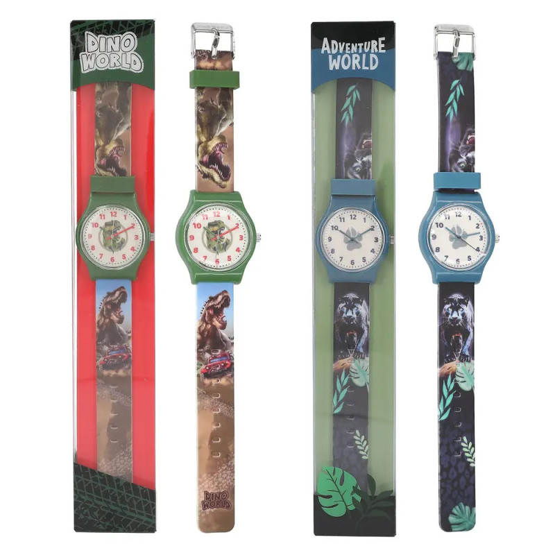 Vier Kinderarmbanduhren mit Dinosaurier-Motiven in Themenverpackung, beschriftet mit Dino World und Adventure World.
