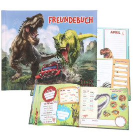 Kinder-Freundebuch mit Dinosaurier-Motiven, rotem Jeep und bunten Mitmach-Seiten.