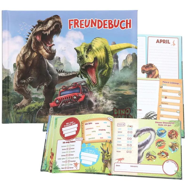 Kinder-Freundebuch mit Dinosaurier-Motiven, rotem Jeep und bunten Mitmach-Seiten.