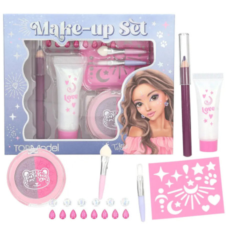 Kinderschminkset mit Lipgloss, Lidschatten, Pinseln, Glitzersteinen, Schablonen und Box mit Mädchenmotiv.