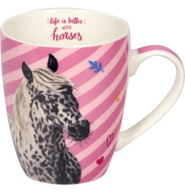 Rosa Tasse mit Pferdemotiv, rosa Streifen und dem Schriftzug Life is better with horses am inneren Rand.