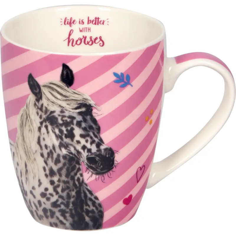 Rosa Tasse mit Pferdemotiv, rosa Streifen und dem Schriftzug Life is better with horses am inneren Rand.
